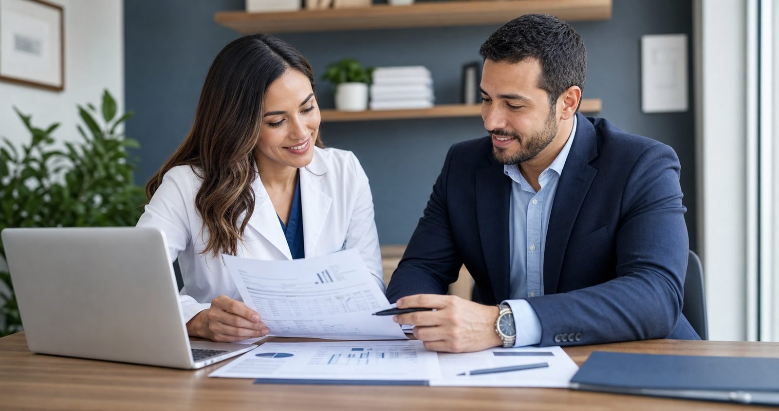 Profesional de salud revisando finanzas con asesor